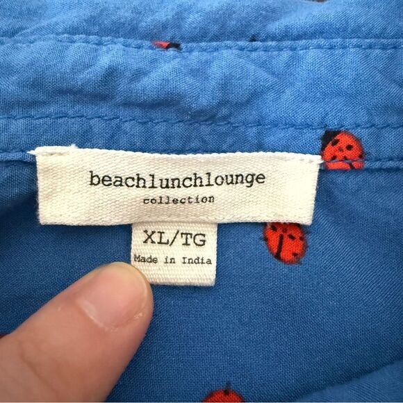 Beach Lunch Lounge Blouse Womens Sz XL Blue Ladybug Print Button Up Long Sleeve - Picture 8 of 11
